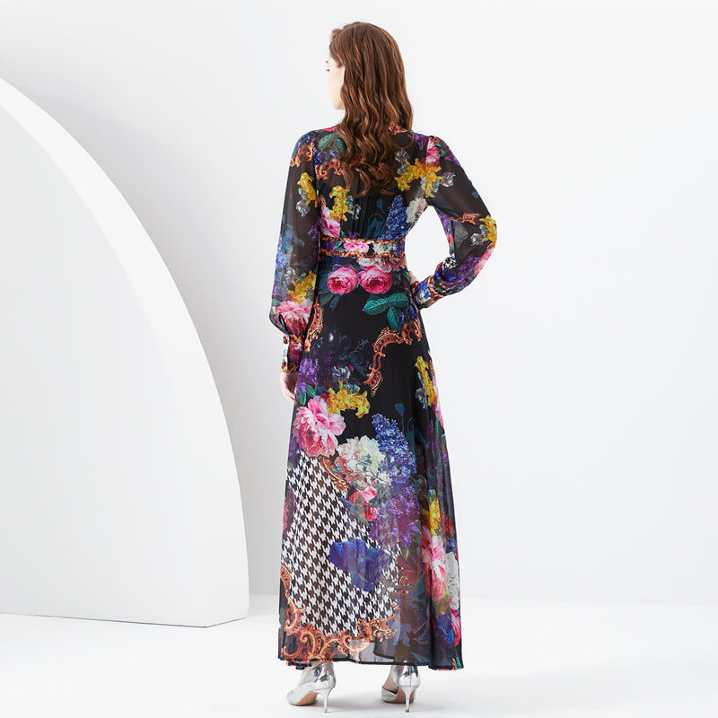 CM-DY094477 Women Elegant European Style Floral Print V-Neck Lantern Sleeve Long Dress