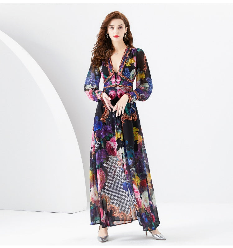 CM-DY094477 Women Elegant European Style Floral Print V-Neck Lantern Sleeve Long Dress