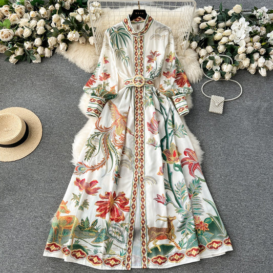 CM-DY094573 Women Elegant European Style Stand Collar Puff Sleeve Maxi Dress
