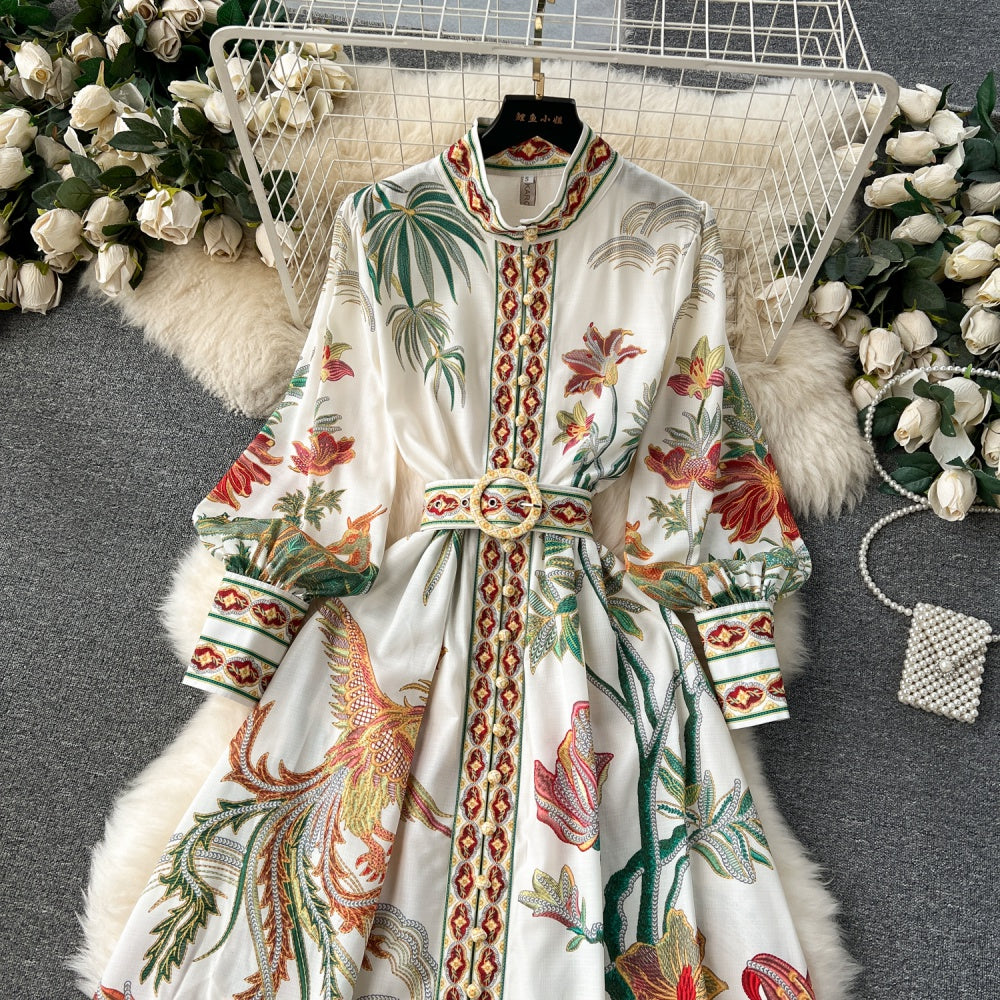 CM-DY094573 Women Elegant European Style Stand Collar Puff Sleeve Maxi Dress