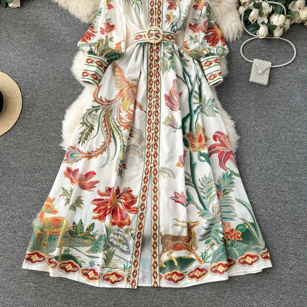 CM-DY094573 Women Elegant European Style Stand Collar Puff Sleeve Maxi Dress