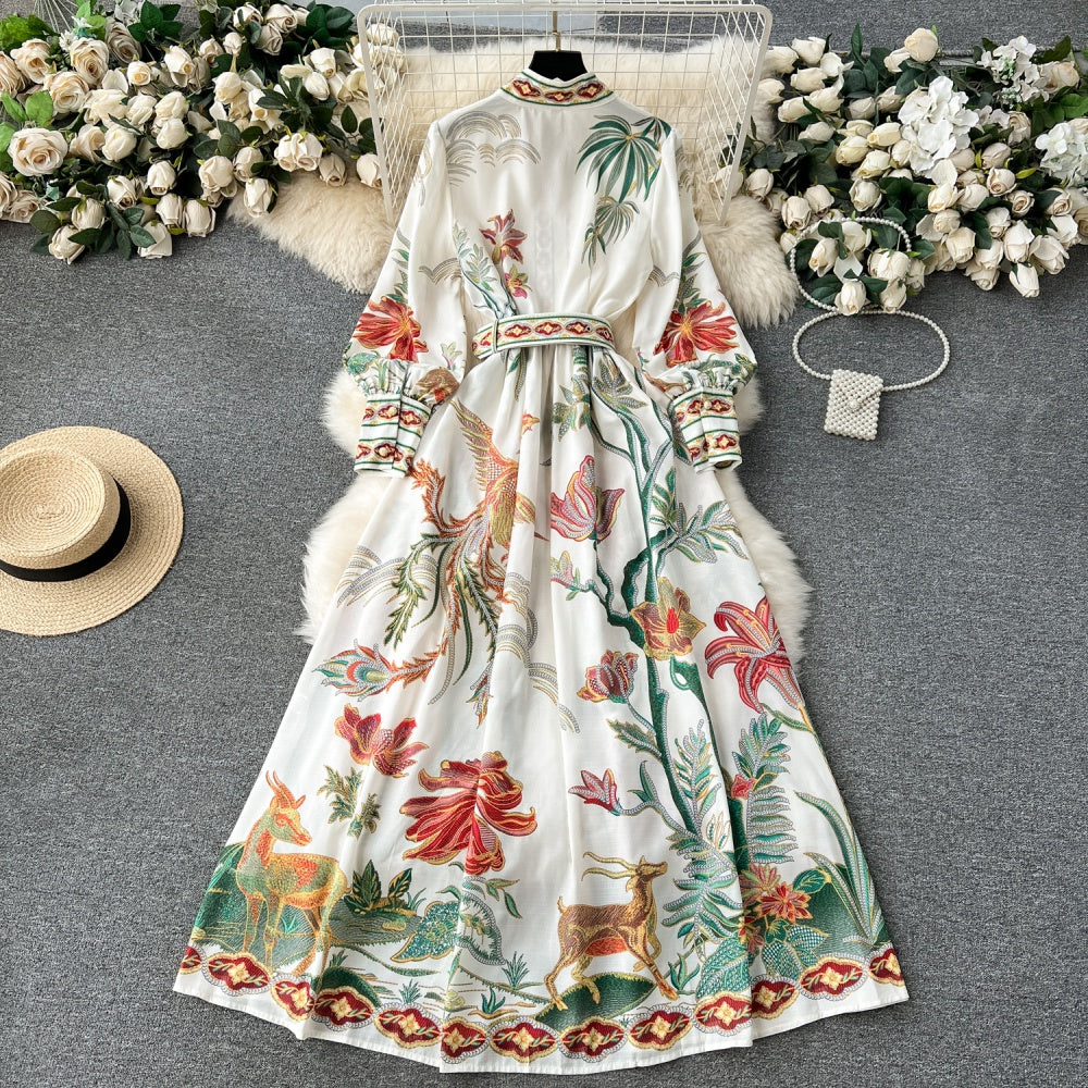 CM-DY094573 Women Elegant European Style Stand Collar Puff Sleeve Maxi Dress