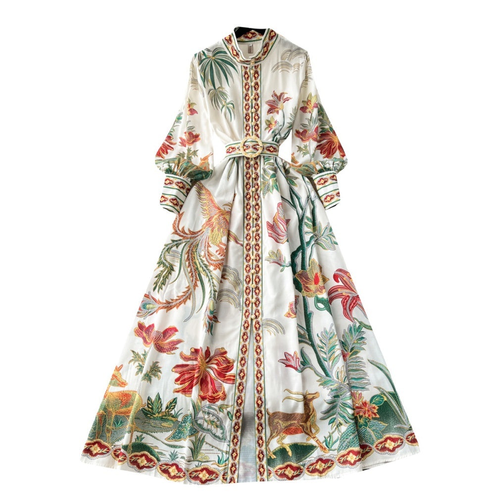 CM-DY094573 Women Elegant European Style Stand Collar Puff Sleeve Maxi Dress