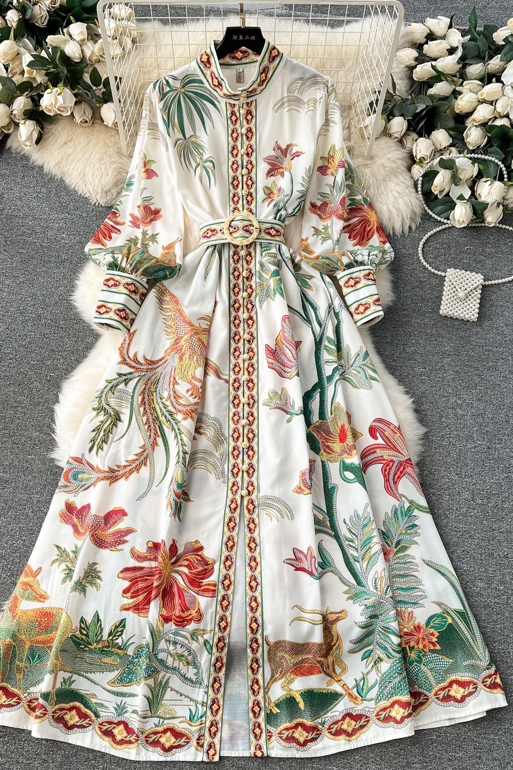 CM-DY094573 Women Elegant European Style Stand Collar Puff Sleeve Maxi Dress