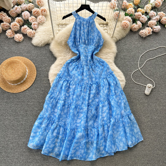 CM-DY094577 Women Trendy Bohemian Style Halter Pinched Waist Long Slim Dress - Blue