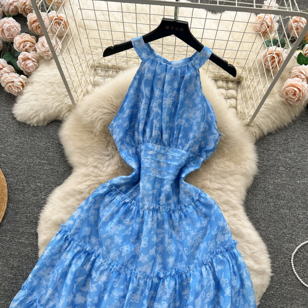 CM-DY094577 Women Trendy Bohemian Style Halter Pinched Waist Long Slim Dress - Blue