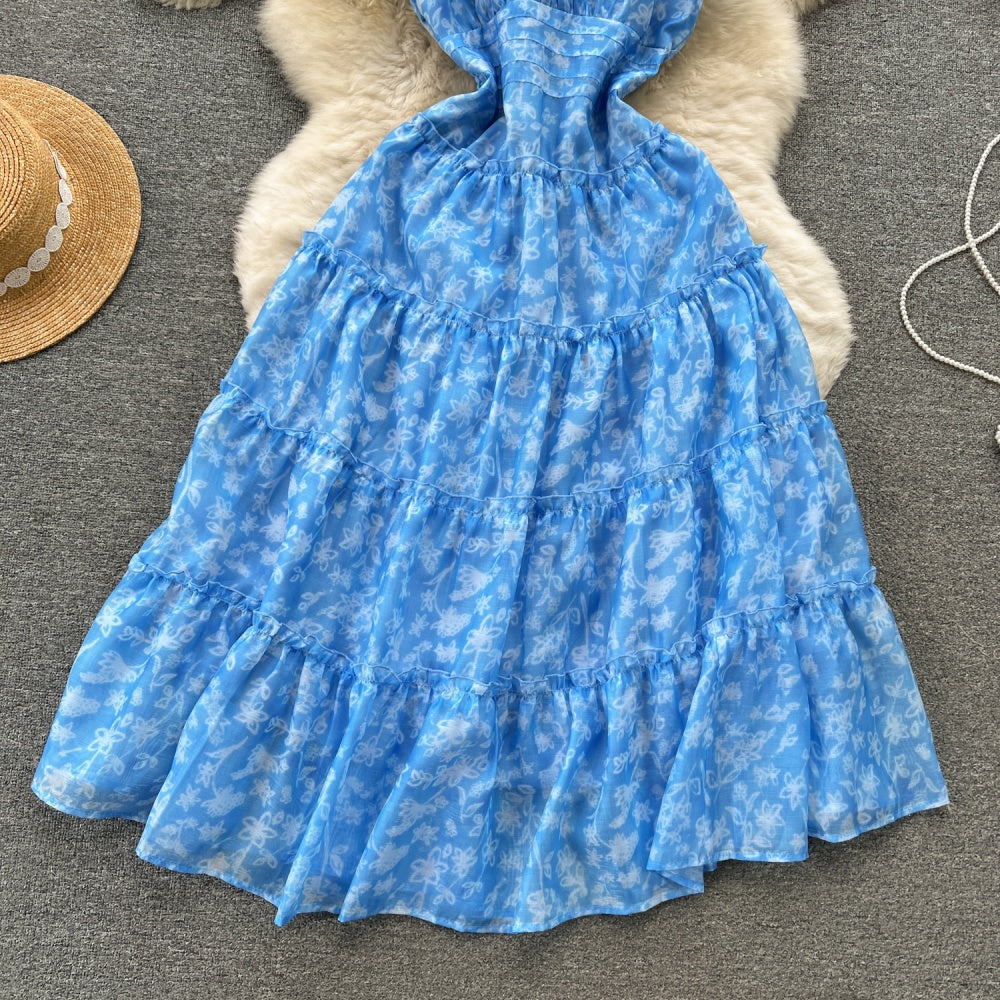 CM-DY094577 Women Trendy Bohemian Style Halter Pinched Waist Long Slim Dress - Blue