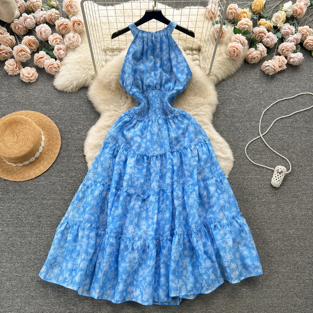 CM-DY094577 Women Trendy Bohemian Style Halter Pinched Waist Long Slim Dress - Blue