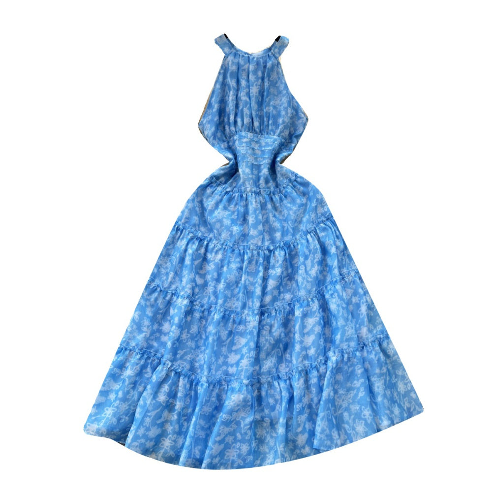 CM-DY094577 Women Trendy Bohemian Style Halter Pinched Waist Long Slim Dress - Blue