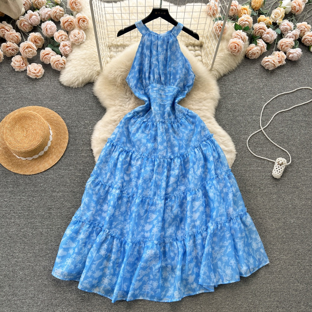 CM-DY094577 Women Trendy Bohemian Style Halter Pinched Waist Long Slim Dress - Blue