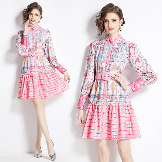 CM-DY094830 Women Elegant European Style Stand Collar Long Sleeve Mini Dress