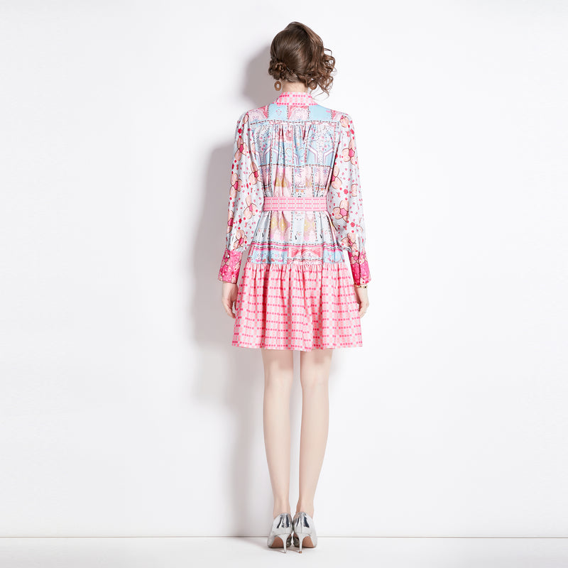 CM-DY094830 Women Elegant European Style Stand Collar Long Sleeve Mini Dress