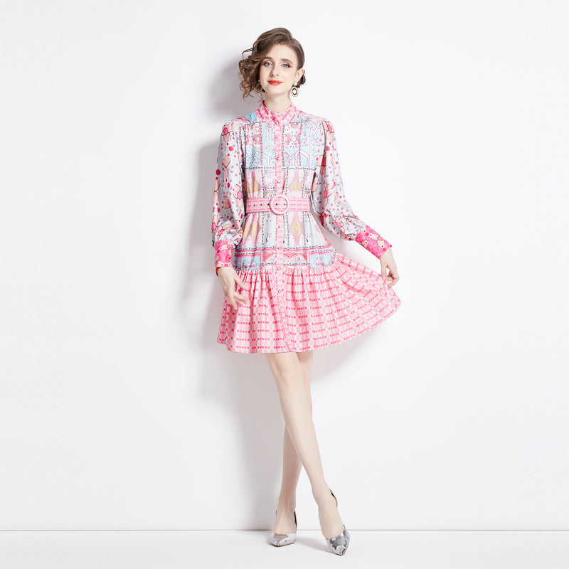 CM-DY094830 Women Elegant European Style Stand Collar Long Sleeve Mini Dress