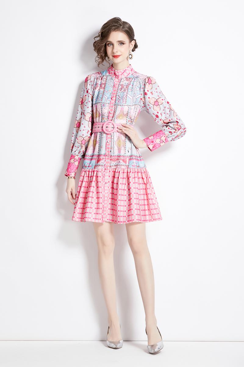 CM-DY094830 Women Elegant European Style Stand Collar Long Sleeve Mini Dress