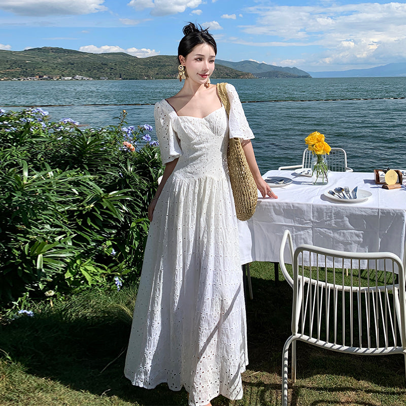 CM-DY094842 Women Trendy Bohemian Style Pinched Waist Embroidery Dress - White