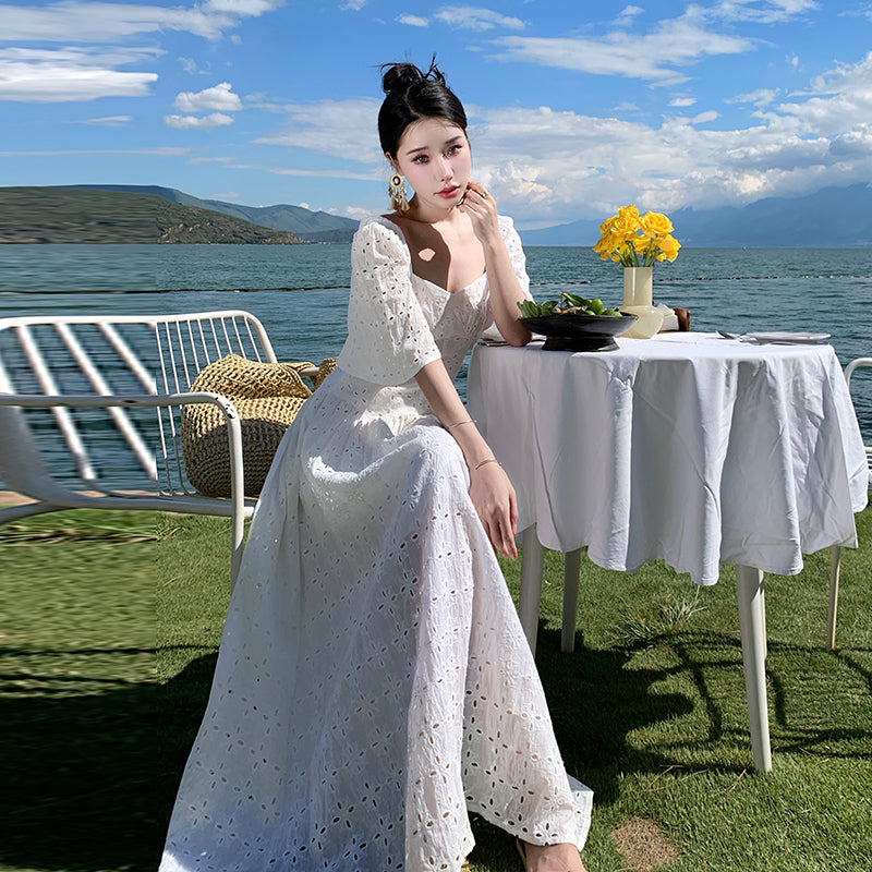 CM-DY094842 Women Trendy Bohemian Style Pinched Waist Embroidery Dress - White