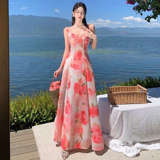 CM-DY094844 Women Trendy Bohemian Style Square Neckline Sleeveless Strap Long Dress