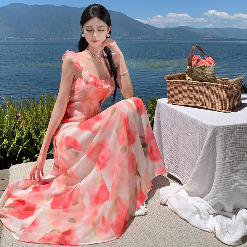 CM-DY094844 Women Trendy Bohemian Style Square Neckline Sleeveless Strap Long Dress