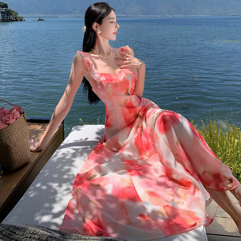 CM-DY094844 Women Trendy Bohemian Style Square Neckline Sleeveless Strap Long Dress