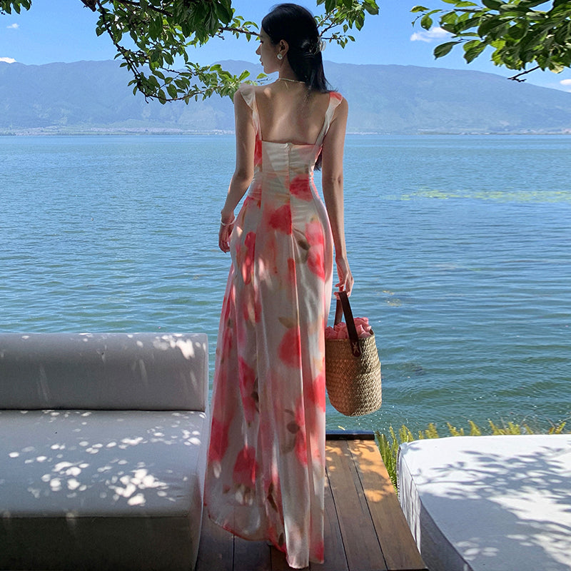 CM-DY094844 Women Trendy Bohemian Style Square Neckline Sleeveless Strap Long Dress