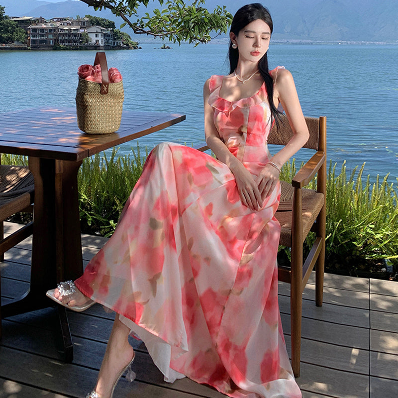 CM-DY094844 Women Trendy Bohemian Style Square Neckline Sleeveless Strap Long Dress