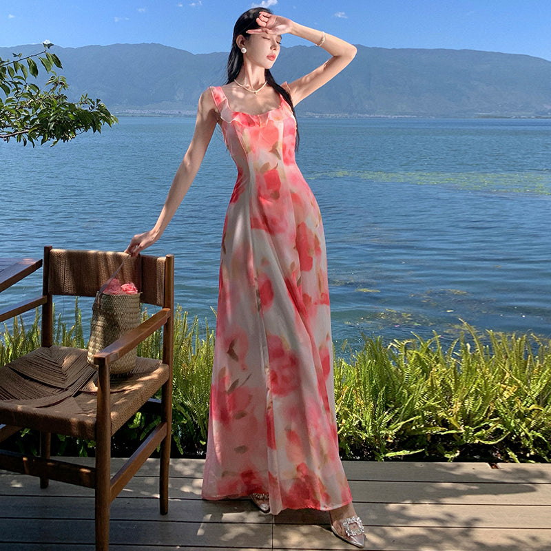 CM-DY094844 Women Trendy Bohemian Style Square Neckline Sleeveless Strap Long Dress