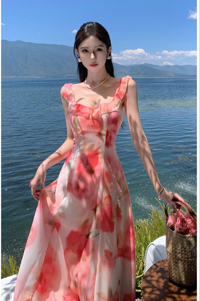 CM-DY094844 Women Trendy Bohemian Style Square Neckline Sleeveless Strap Long Dress