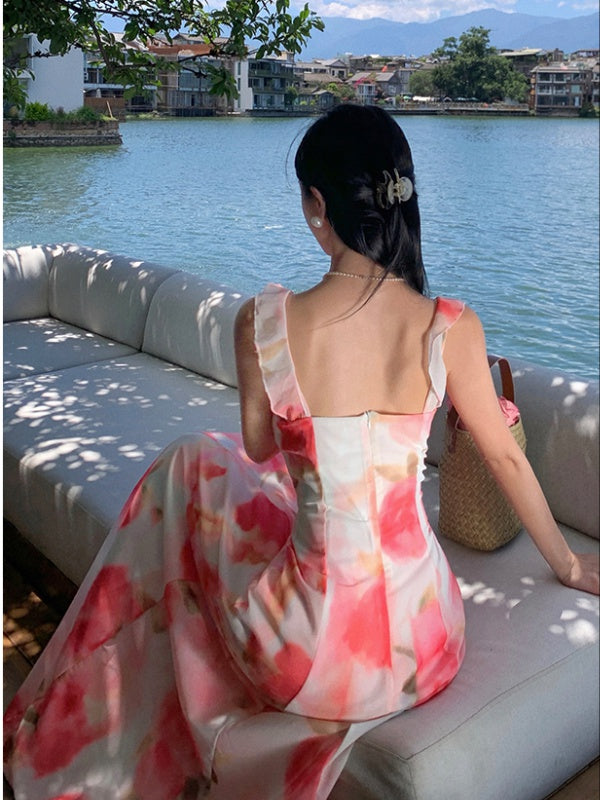 CM-DY094844 Women Trendy Bohemian Style Square Neckline Sleeveless Strap Long Dress