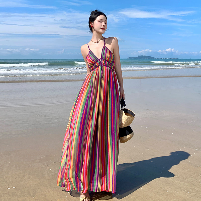 CM-DY094845 Women Retro Seoul Style Halter V-Neck Rainbow Stripe Maxi Dress