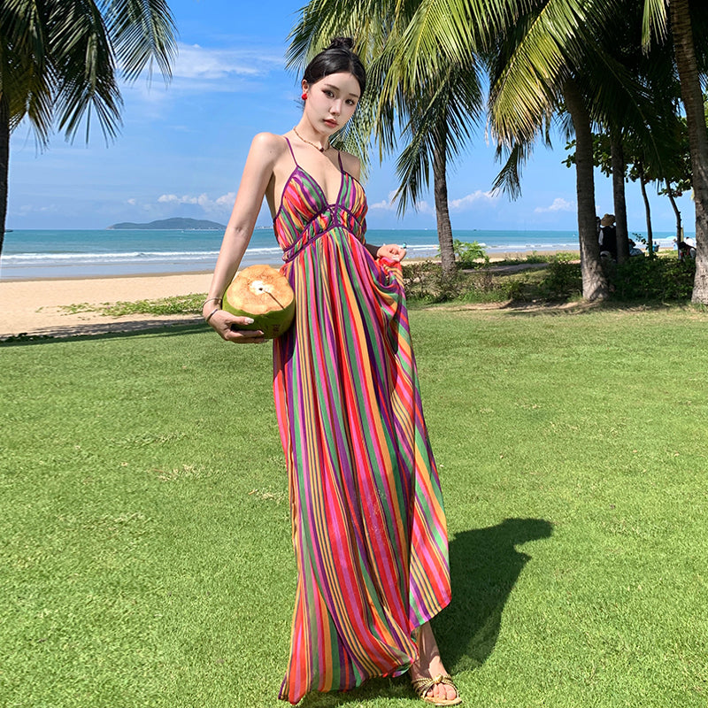 CM-DY094845 Women Retro Seoul Style Halter V-Neck Rainbow Stripe Maxi Dress