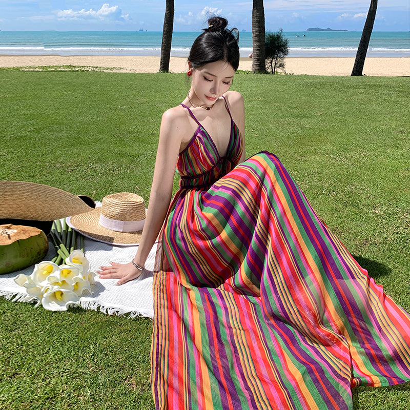 CM-DY094845 Women Retro Seoul Style Halter V-Neck Rainbow Stripe Maxi Dress