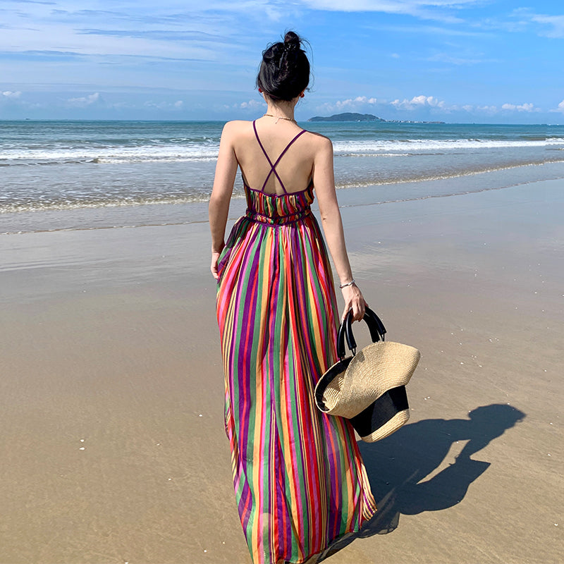 CM-DY094845 Women Retro Seoul Style Halter V-Neck Rainbow Stripe Maxi Dress