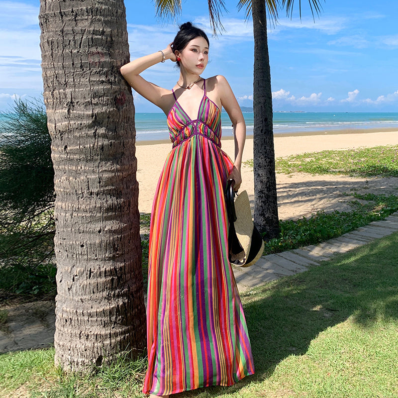 CM-DY094845 Women Retro Seoul Style Halter V-Neck Rainbow Stripe Maxi Dress