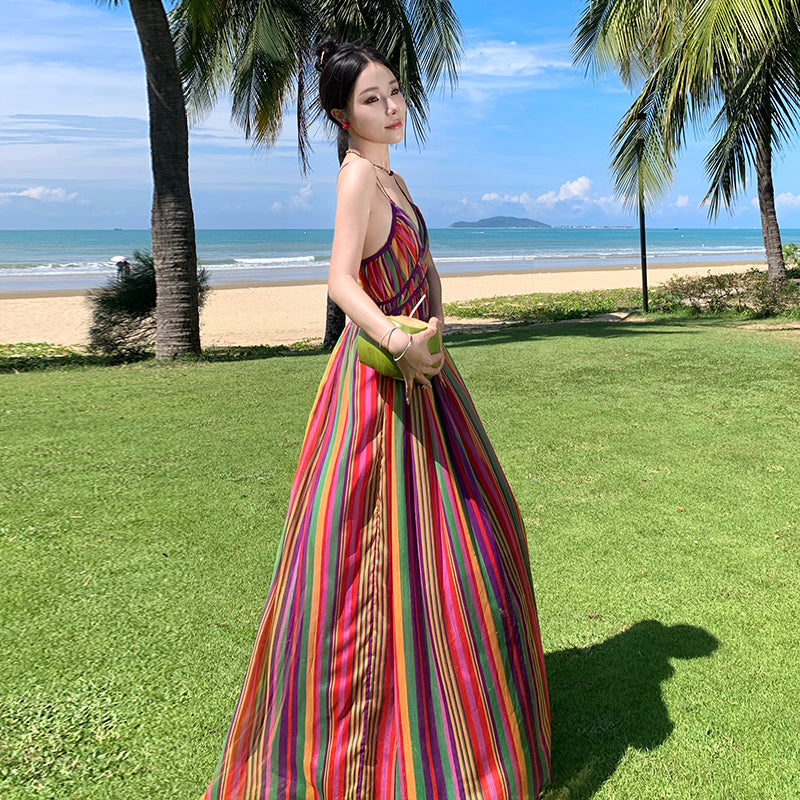 CM-DY094845 Women Retro Seoul Style Halter V-Neck Rainbow Stripe Maxi Dress