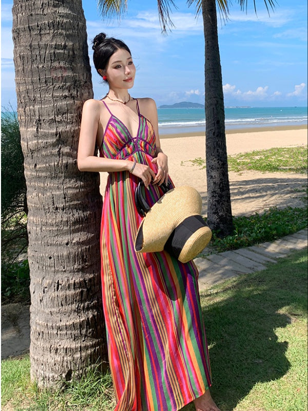 CM-DY094845 Women Retro Seoul Style Halter V-Neck Rainbow Stripe Maxi Dress