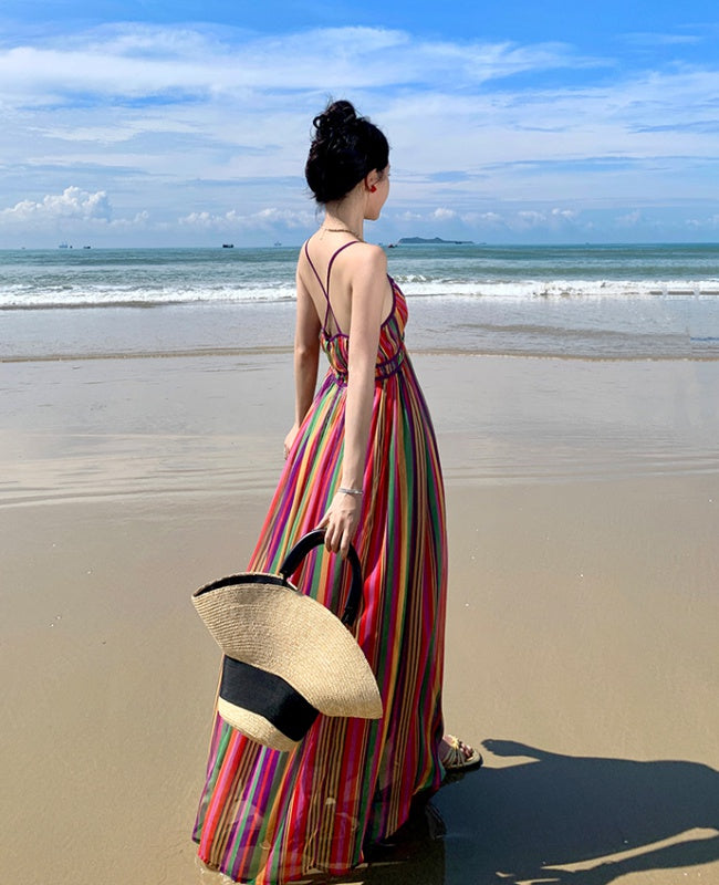 CM-DY094845 Women Retro Seoul Style Halter V-Neck Rainbow Stripe Maxi Dress
