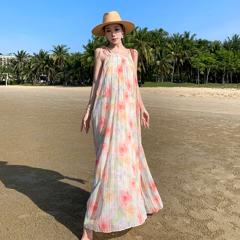 CM-DY094846 Women Trendy Bohemian Style Sling Floral Print Long Pleated Dress