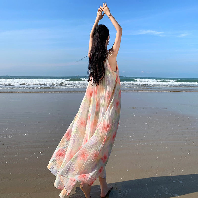 CM-DY094846 Women Trendy Bohemian Style Sling Floral Print Long Pleated Dress
