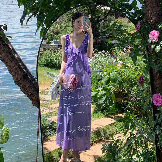 CM-DY094857 Women Trendy Bohemian Style Sling V-Neck Halter Slim Dress - Purple