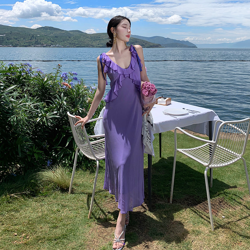 CM-DY094857 Women Trendy Bohemian Style Sling V-Neck Halter Slim Dress - Purple