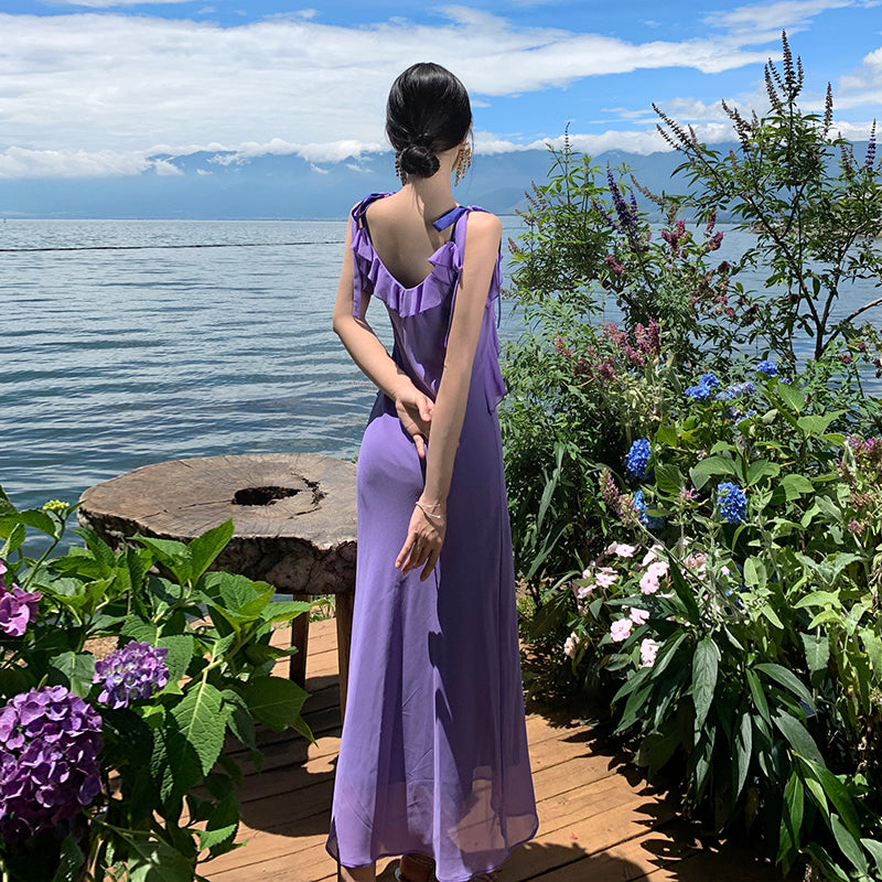 CM-DY094857 Women Trendy Bohemian Style Sling V-Neck Halter Slim Dress - Purple