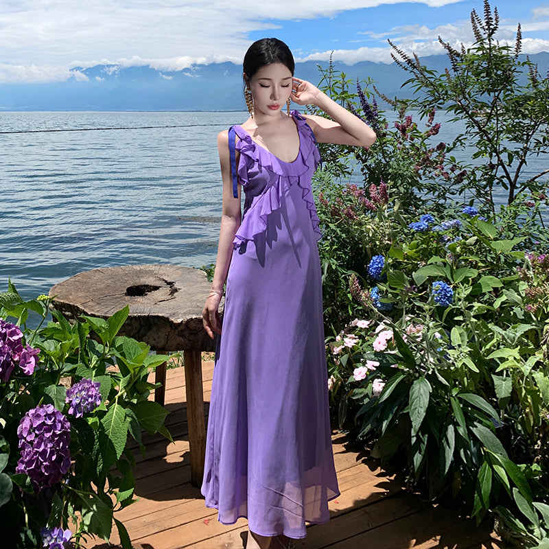 CM-DY094857 Women Trendy Bohemian Style Sling V-Neck Halter Slim Dress - Purple