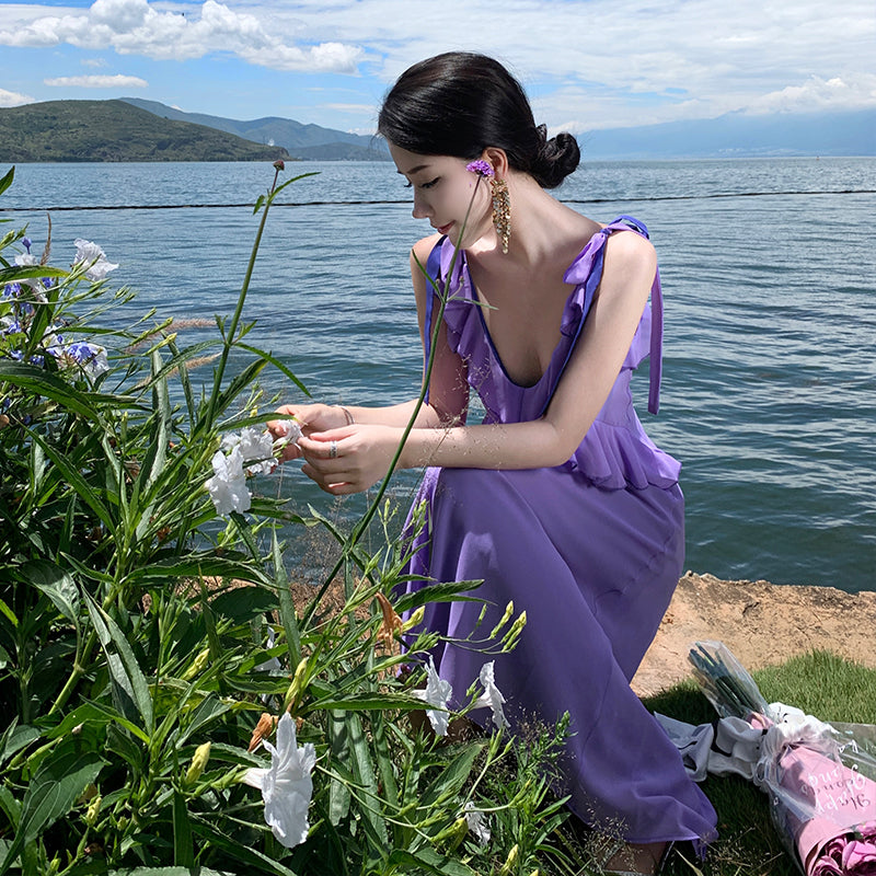 CM-DY094857 Women Trendy Bohemian Style Sling V-Neck Halter Slim Dress - Purple