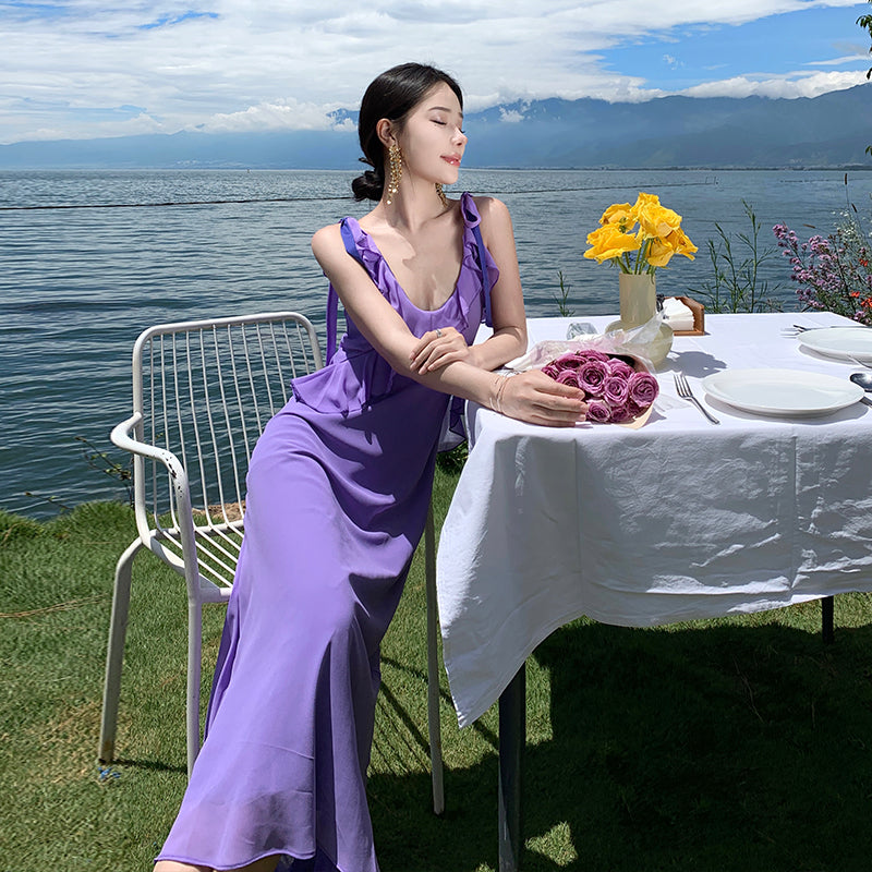 CM-DY094857 Women Trendy Bohemian Style Sling V-Neck Halter Slim Dress - Purple