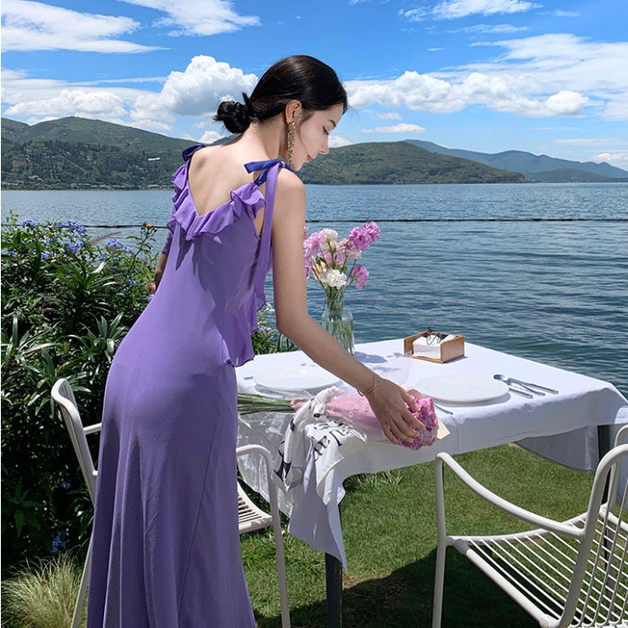CM-DY094857 Women Trendy Bohemian Style Sling V-Neck Halter Slim Dress - Purple