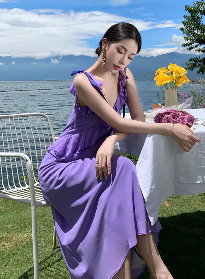CM-DY094857 Women Trendy Bohemian Style Sling V-Neck Halter Slim Dress - Purple