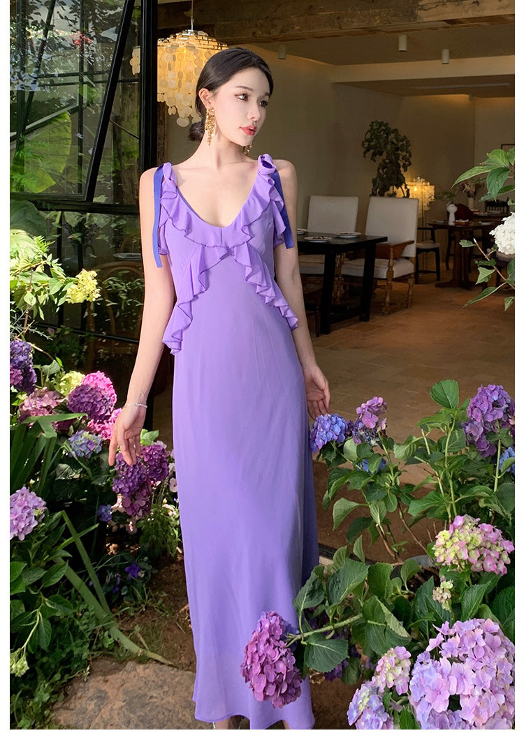 CM-DY094857 Women Trendy Bohemian Style Sling V-Neck Halter Slim Dress - Purple