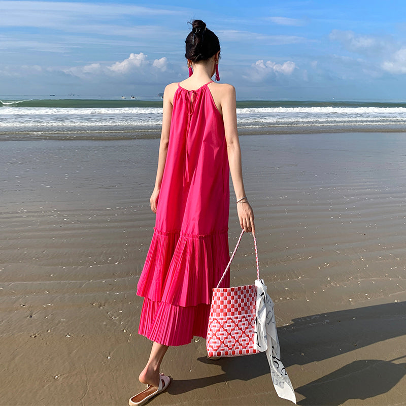 CM-DY094861 Women Trendy Bohemian Style Halter Sleeveless Pleated Long Dress