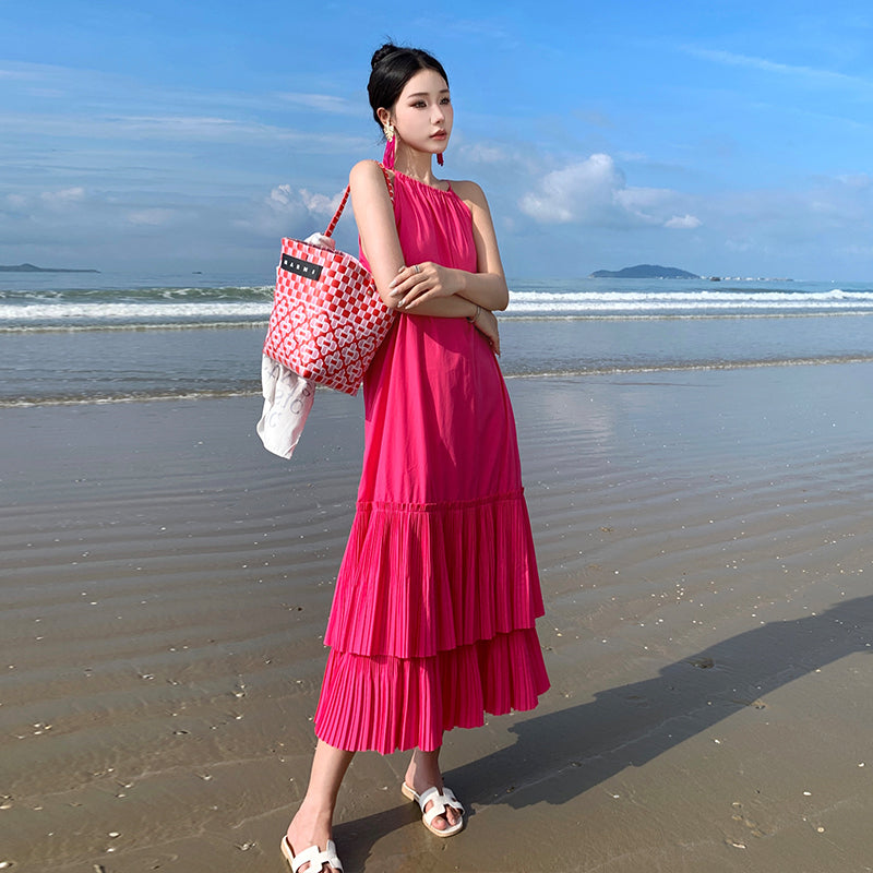 CM-DY094861 Women Trendy Bohemian Style Halter Sleeveless Pleated Long Dress