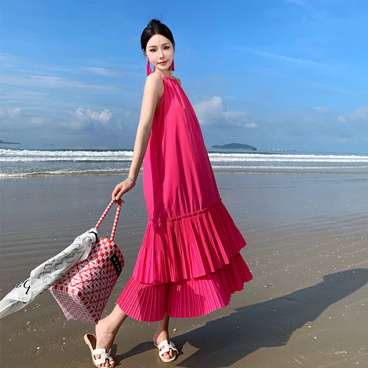 CM-DY094861 Women Trendy Bohemian Style Halter Sleeveless Pleated Long Dress